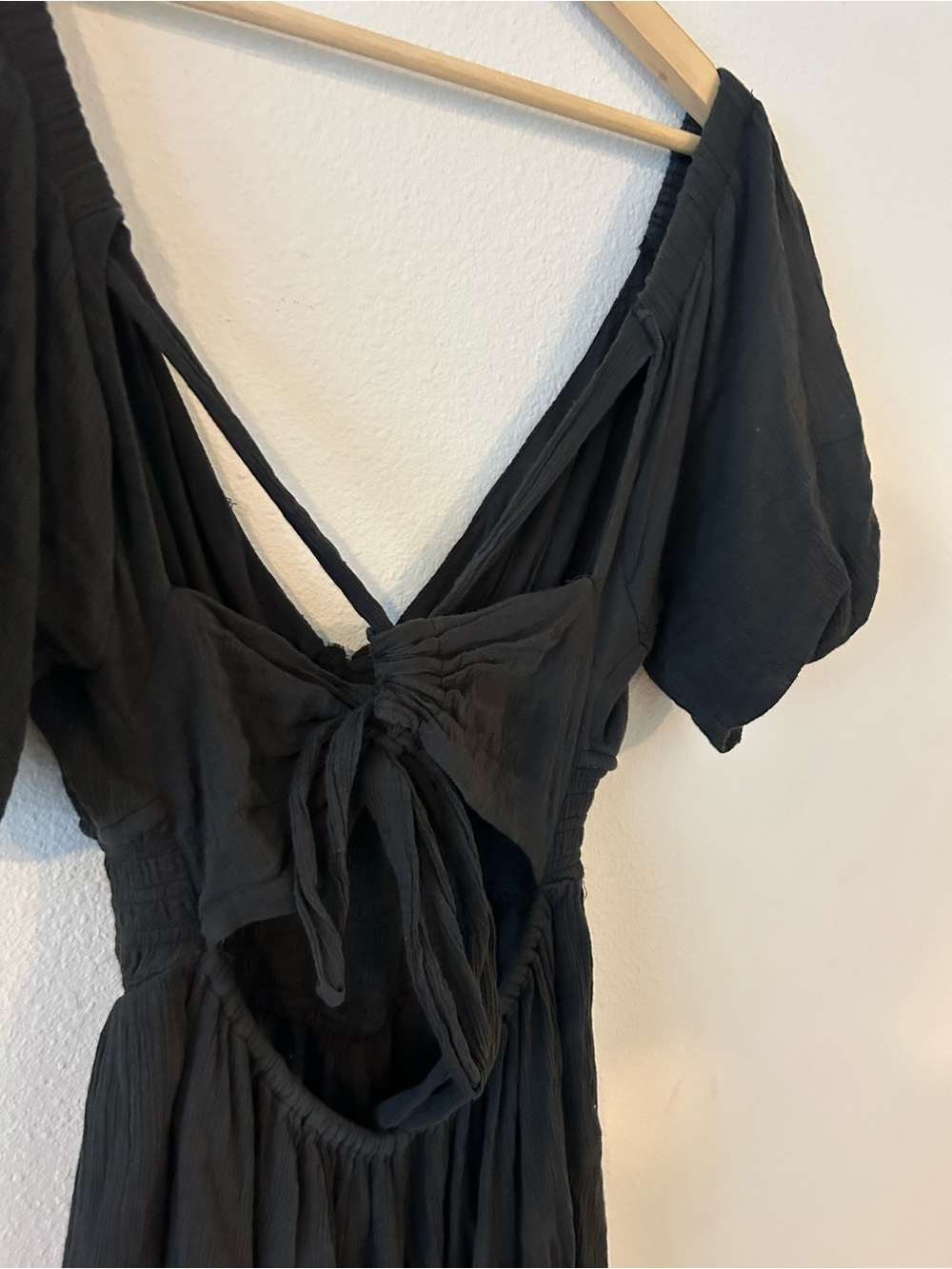 Free People Blue Open Back Mini Dress XS Puff Sleeve Boho Gauze Tie Back - Picture 7 of 9